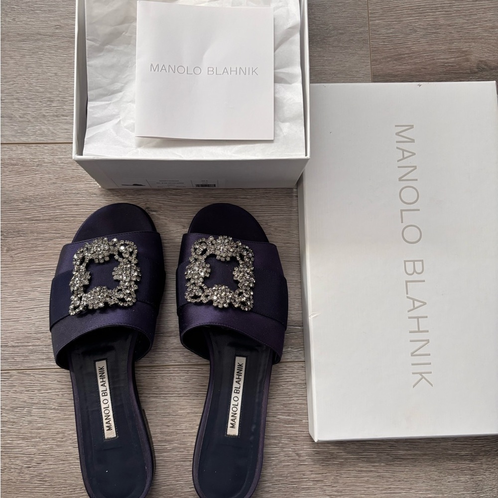 Manolo Blahnik Purple Satin Crystal-Buckle Slide Flats